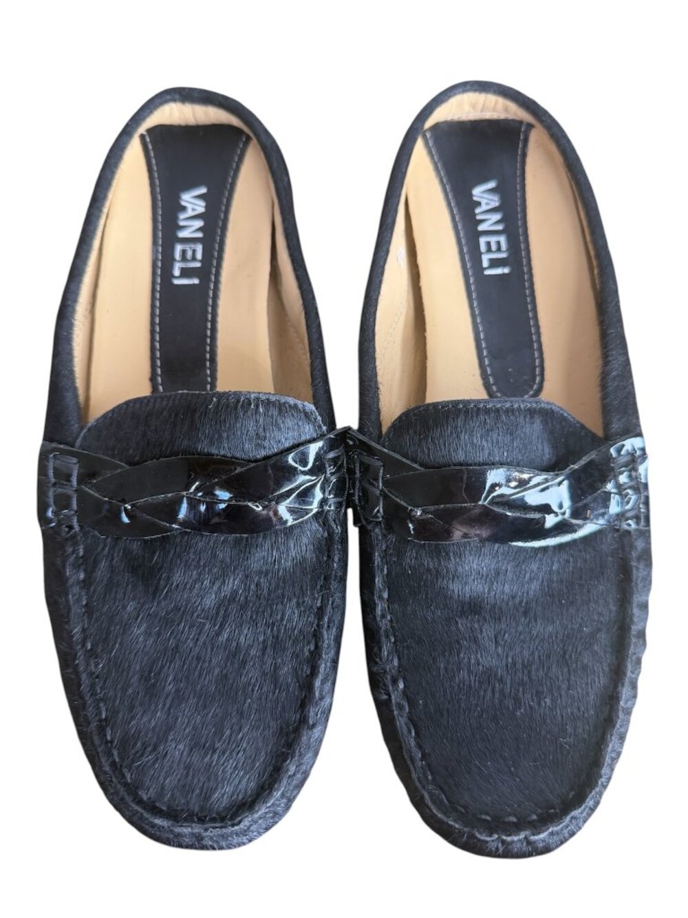 Vaneli Calf Hair Loafers size 7 1/2 M Black Patent Accent Flats Mules Shoes